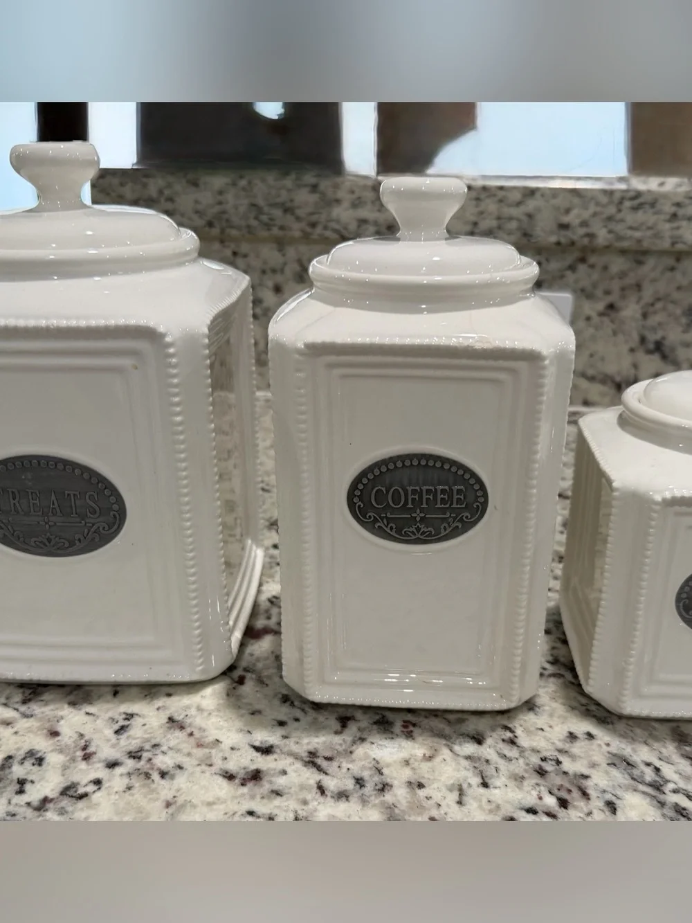 White Ceramic Coffee Canisters with Decorative Metal Label (3)